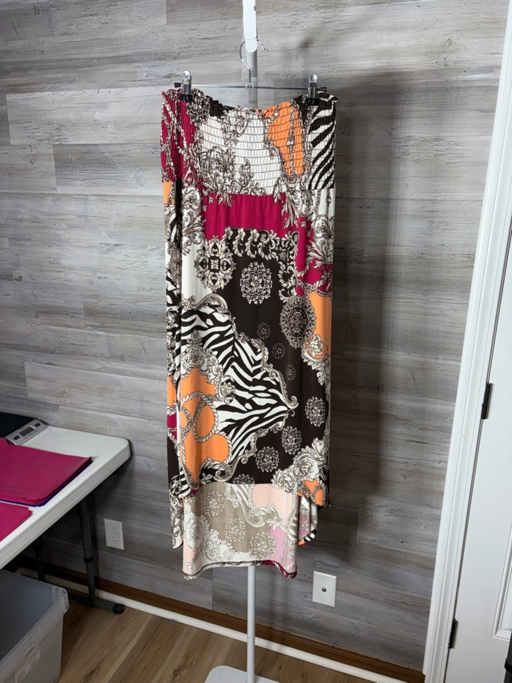 Toska Strapless Mixed-Print High-Low Dress in Pink, Orange, Black & Cream 1700